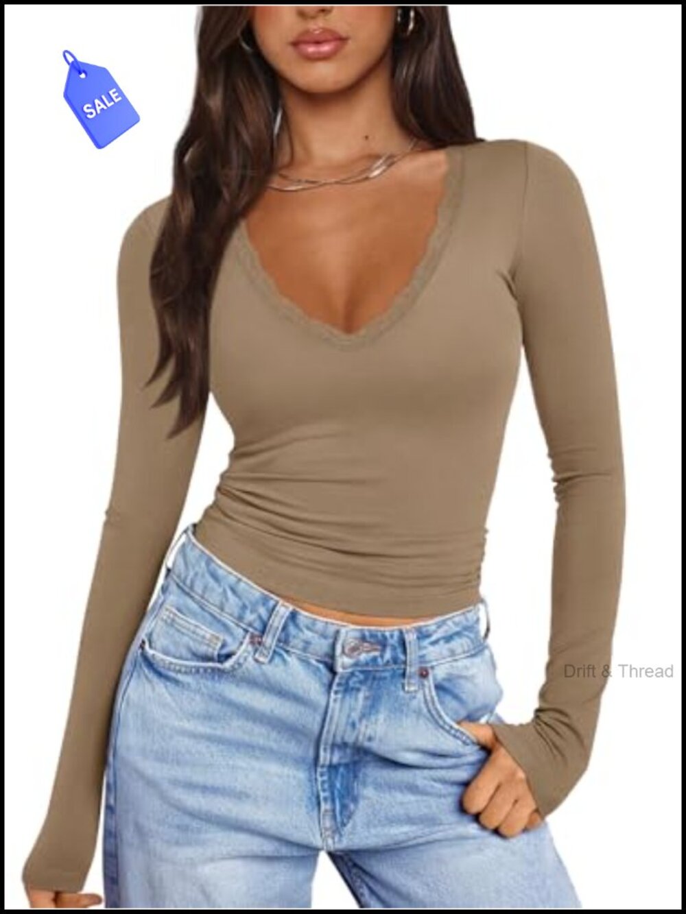 Women's Lace V-Neck Long Sleeve Fitted T-Shirt Double Lined Stretch Knit